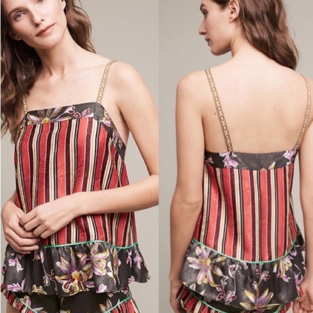 E Eloise Anthropologie Women S Boho Satin Stripe Floral Peplum Acacia Cami Top